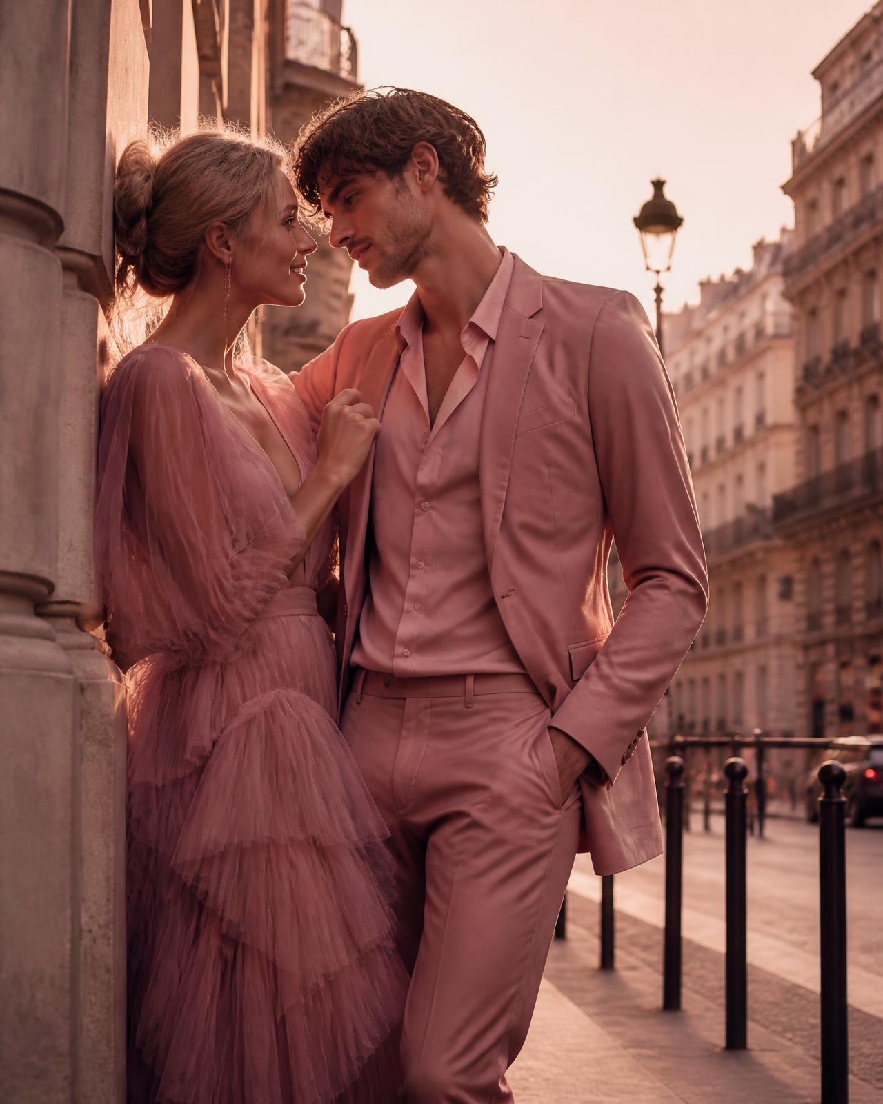 Couple élégant dans une rue parisienne au coucher du soleil